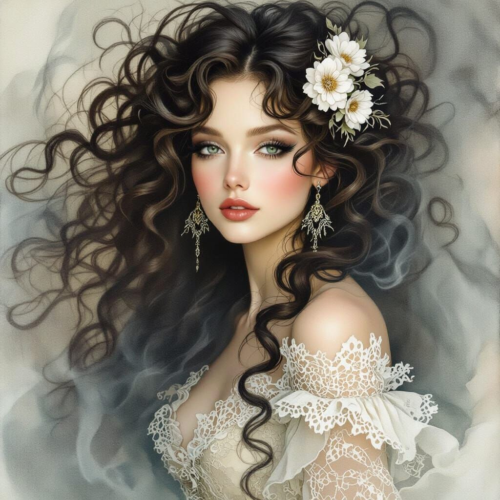 Ethereal Woman with Lace in Watercolor Style