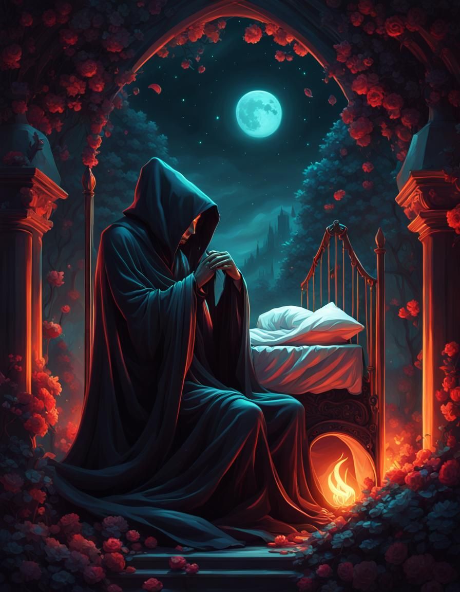 Cute Grim Reaper Sleeping: Detailed Digital Art