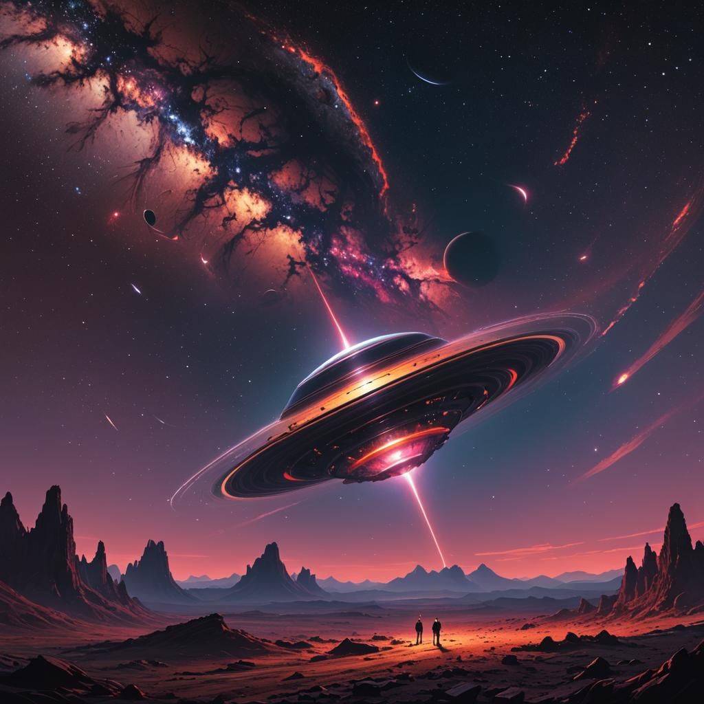 Cosmic Planet with UFO in Alena Aenami Style