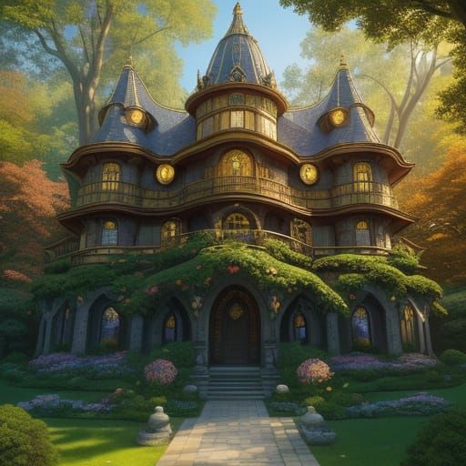 Whimsical Library in a Dreamlike Garden Setting