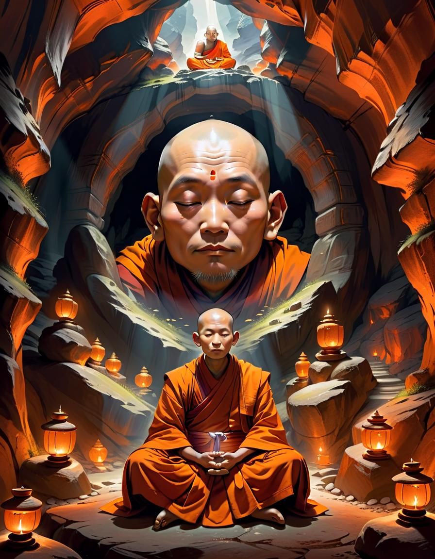 Serene Monk Meditates in Mountain Cavern
