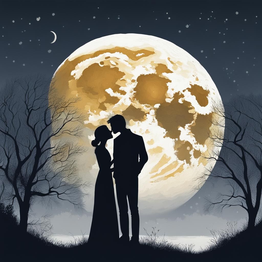 Lovers Kissing Under Moon in Digital Painting