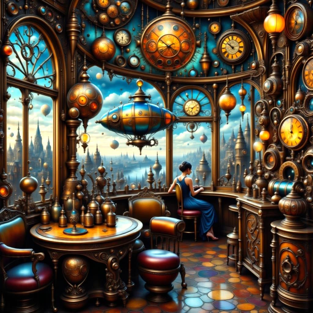 Steampunk Dirigible Cafe Interior at Twilight