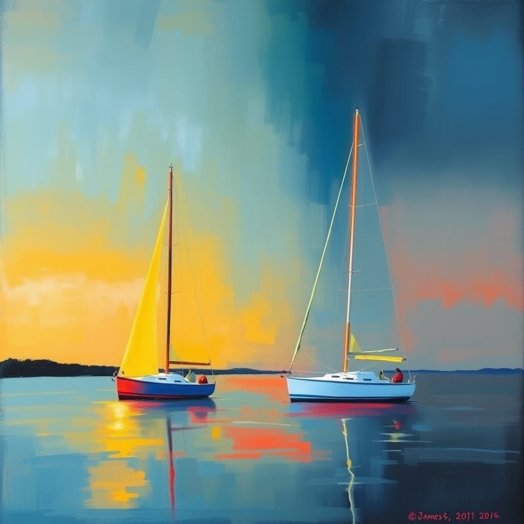 Sailboats in Abstract Minimalism with Neon Accents