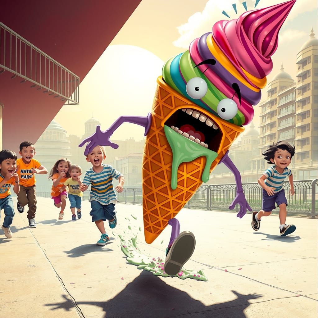 Ice Cream Cone Character Running from Children