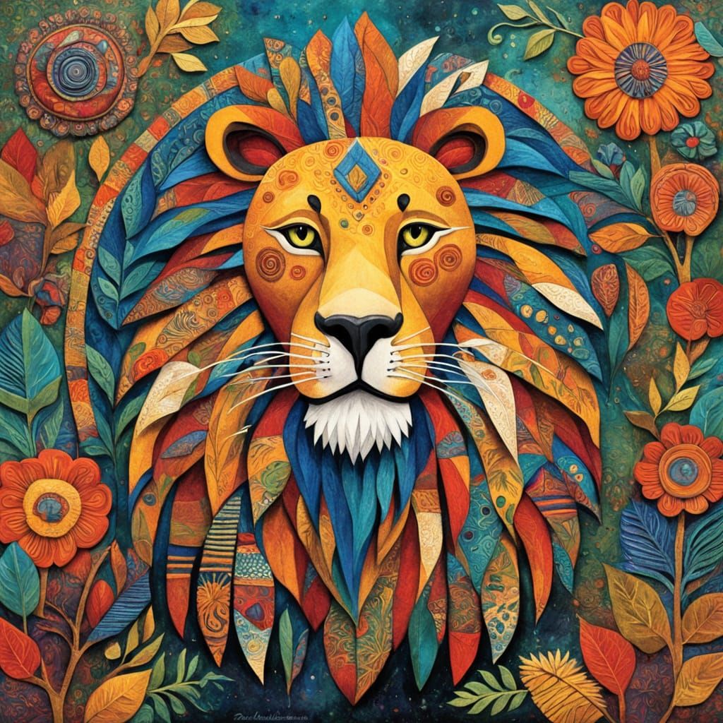 A surreal 3D mixed media collage featuring a majestic lion. The image employs a vibrant, analogous color scheme and elem...