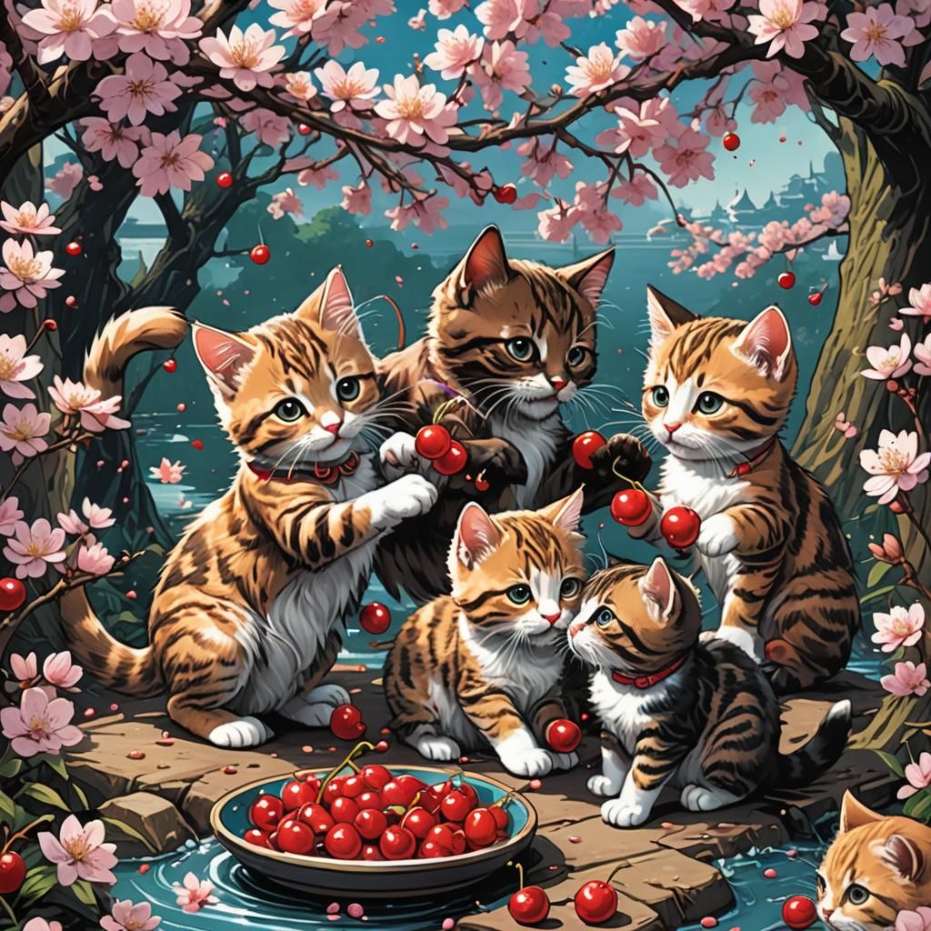 Cherry Blossom Kittens in a Magical Land