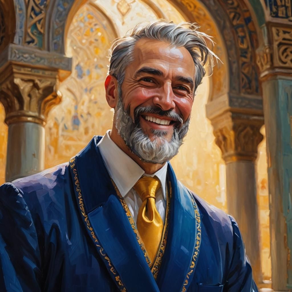 Joyful Man in Mosque Interior as Impasto Painting