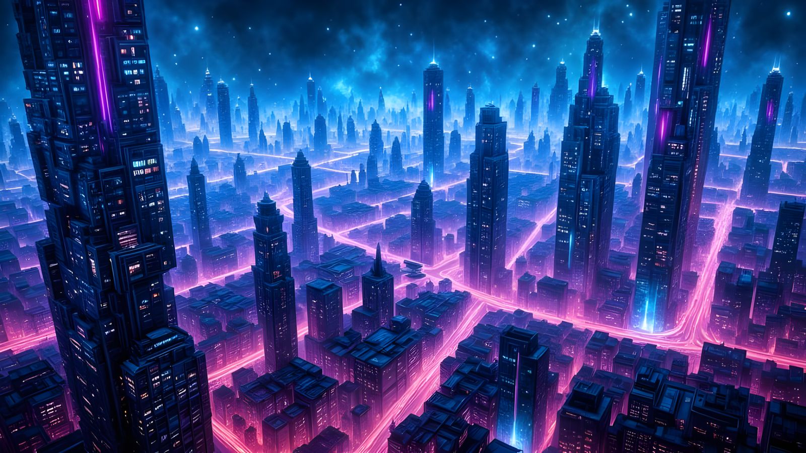 Futuristic City Skyline in Neo-Impressionist Style