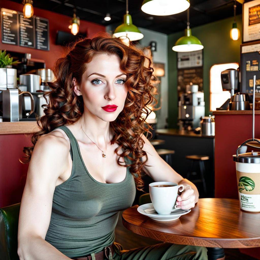 Realistic Full Body Shot of Woman in Cafe