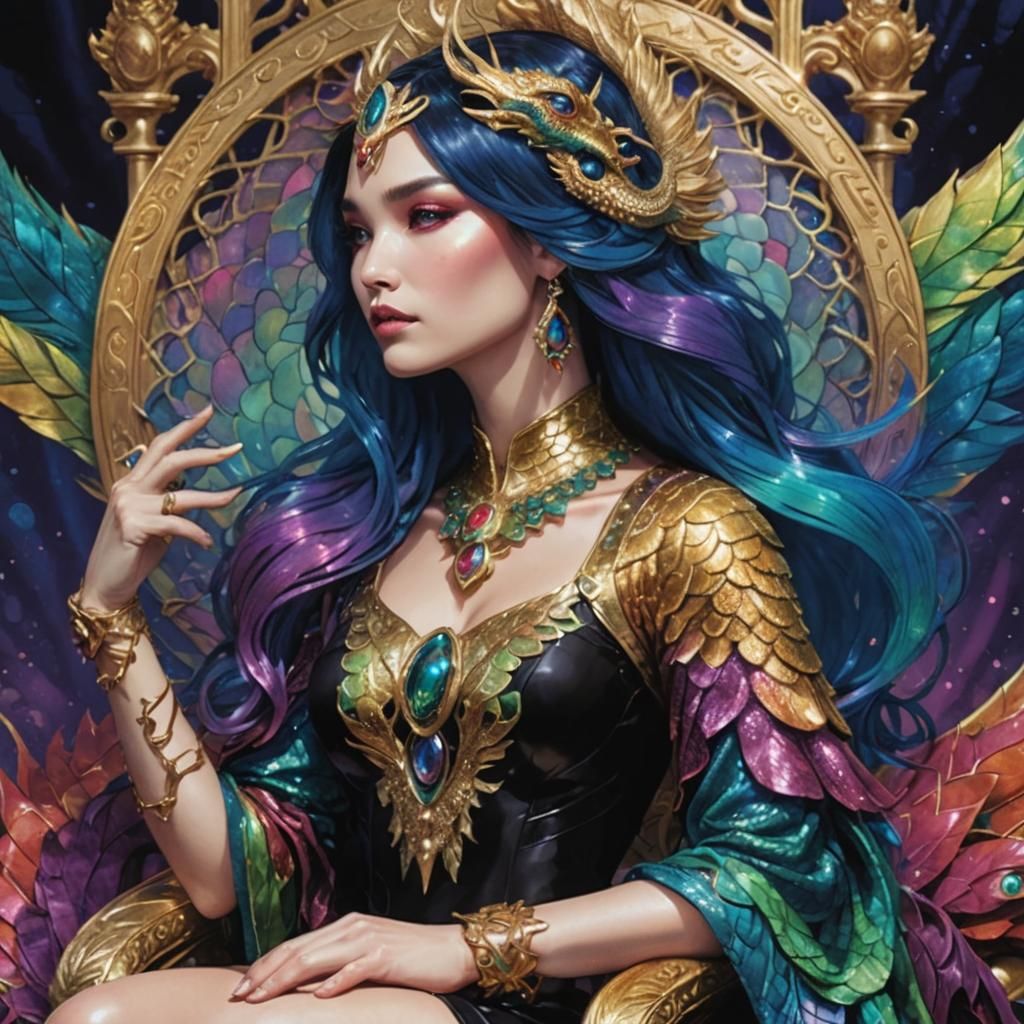 Regal Woman with Dragon Serpent and Peacock Feathers
