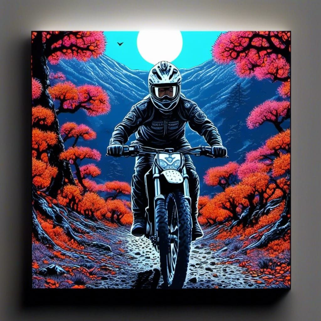 Dirt Bike Rider in Japan: Psychedelic Woodcut Illustration