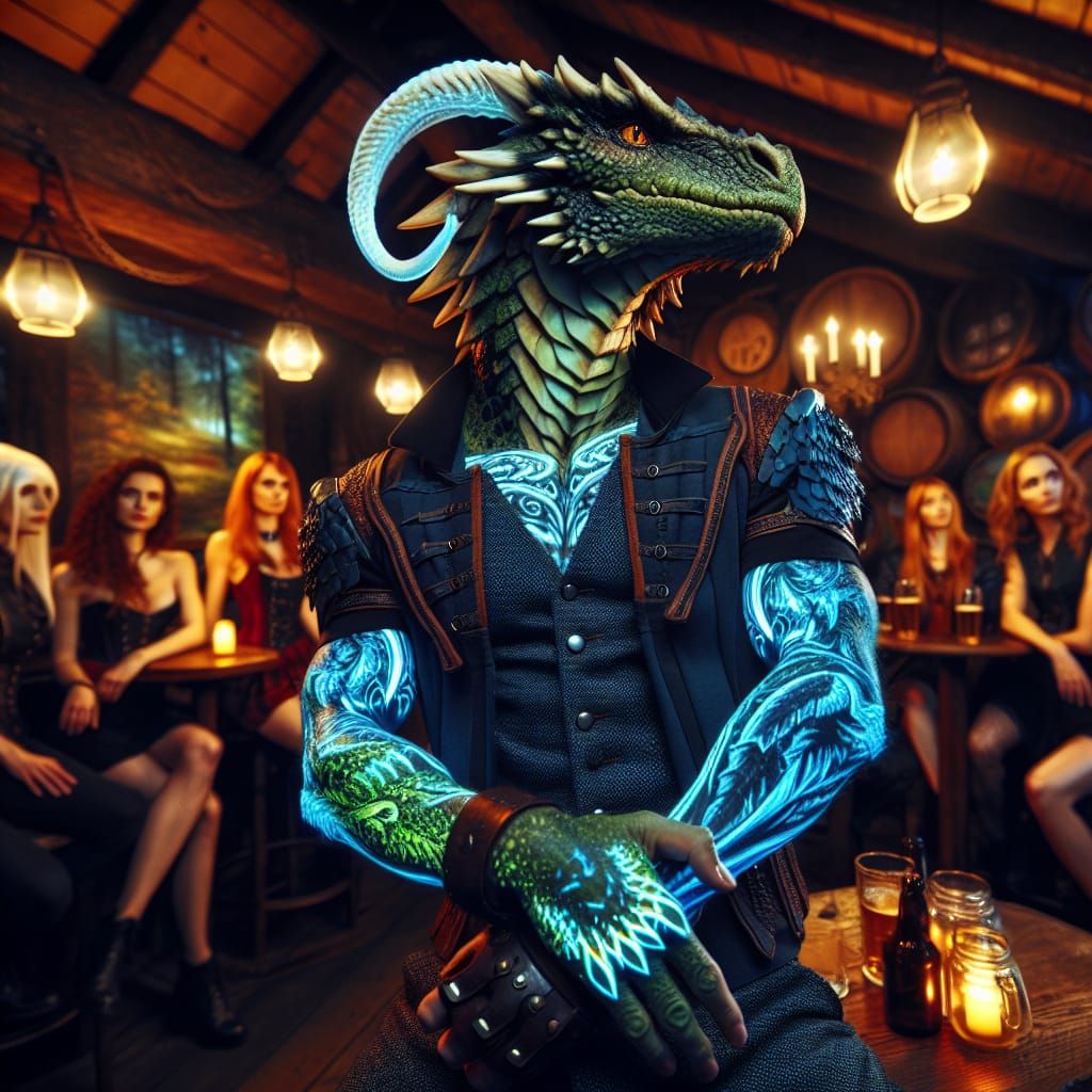 Dragon Showing Off Bioluminescent Tattoos at Pub