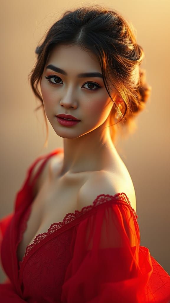 Ethereal Woman in Lace-Trimmed Red Outfit