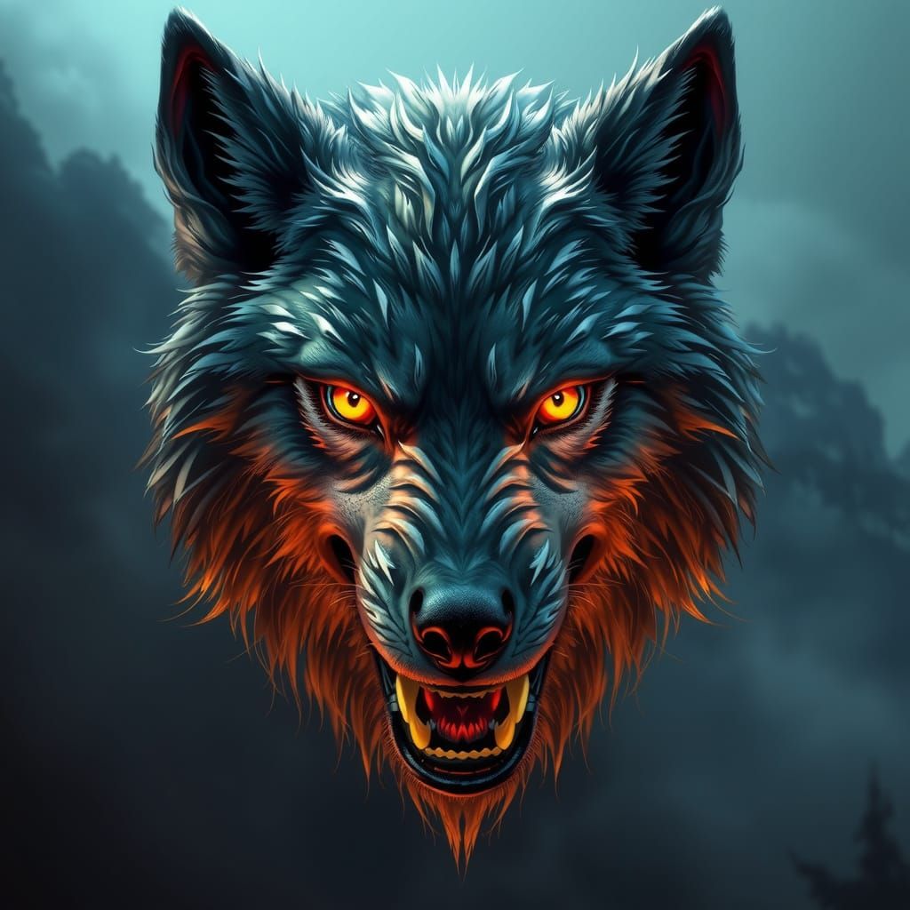 Metallic Wolf Head with Hypnotic Eyes in Fantasy Style