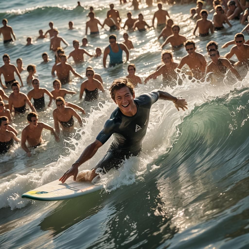 Surfer Rides Wave in Crowd: Action Sports Photography