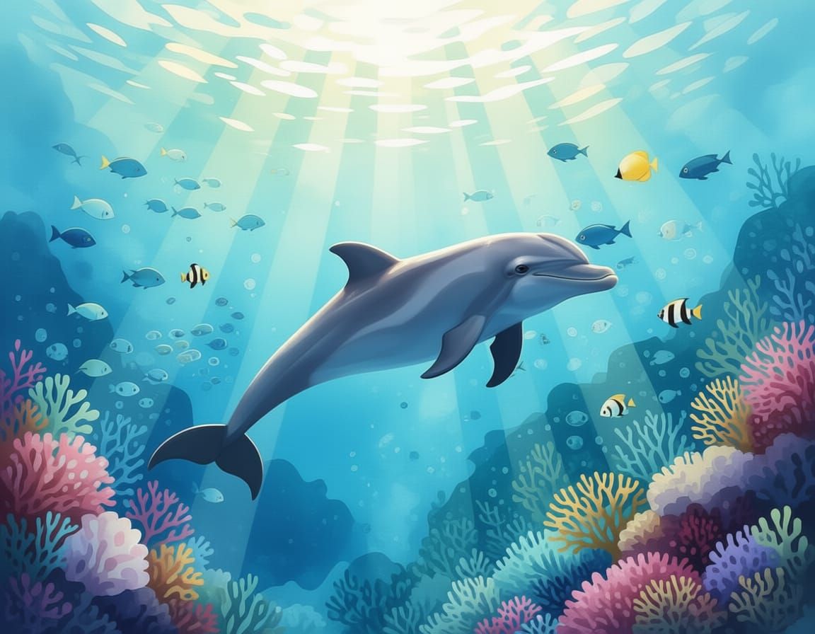Dolphin Swimming in Vibrant Coral Reef Landscape