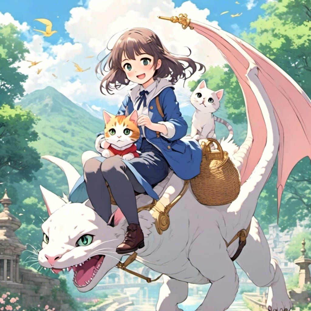 Happy Girl and Cat on Dragon in Anime Style