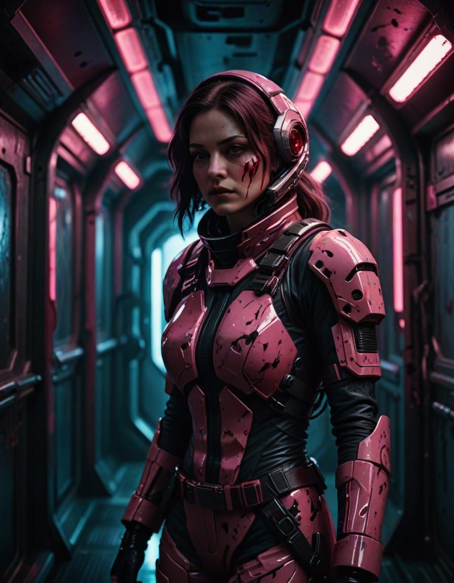Woman in Spaceship Corridor with Bloodstained Knife