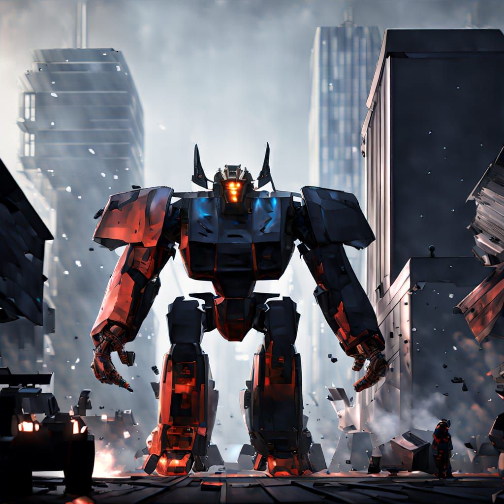 Giant Robot Battles Kaiju in Cityscape