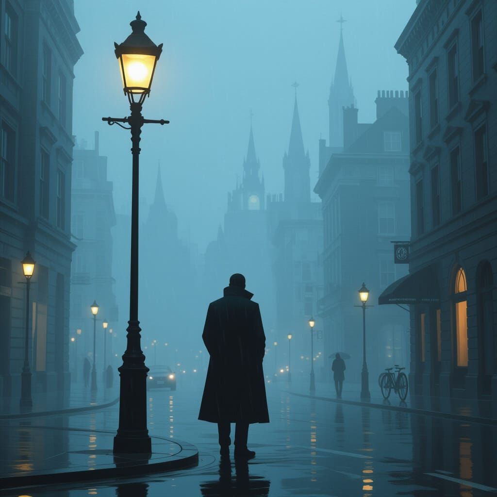 Gloomy Figure in Rainy Dystopian Cityscape