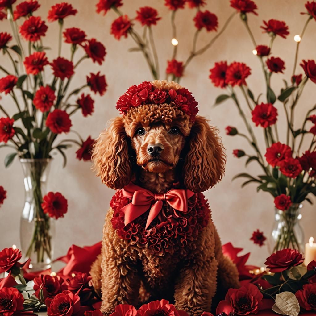 A bright red dyed poodle centerpiece with oversized red sati...