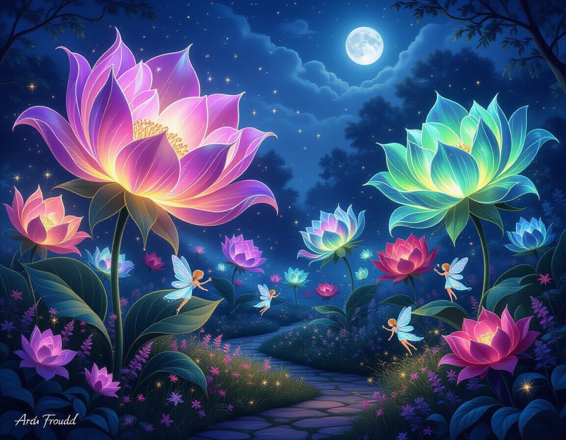 Magical Glowing Flower Garden with Fairies at Night