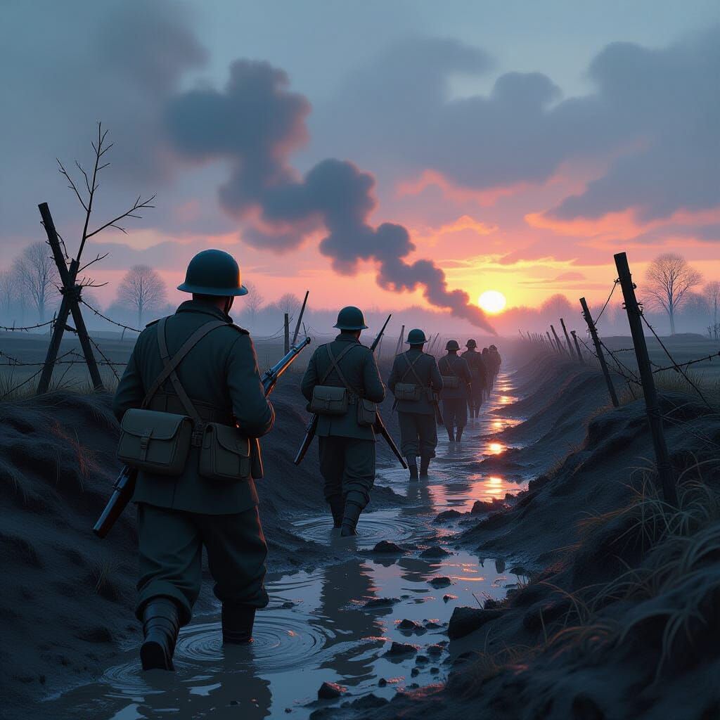 WWI Battlefield at Dawn in Gritty Anime Style