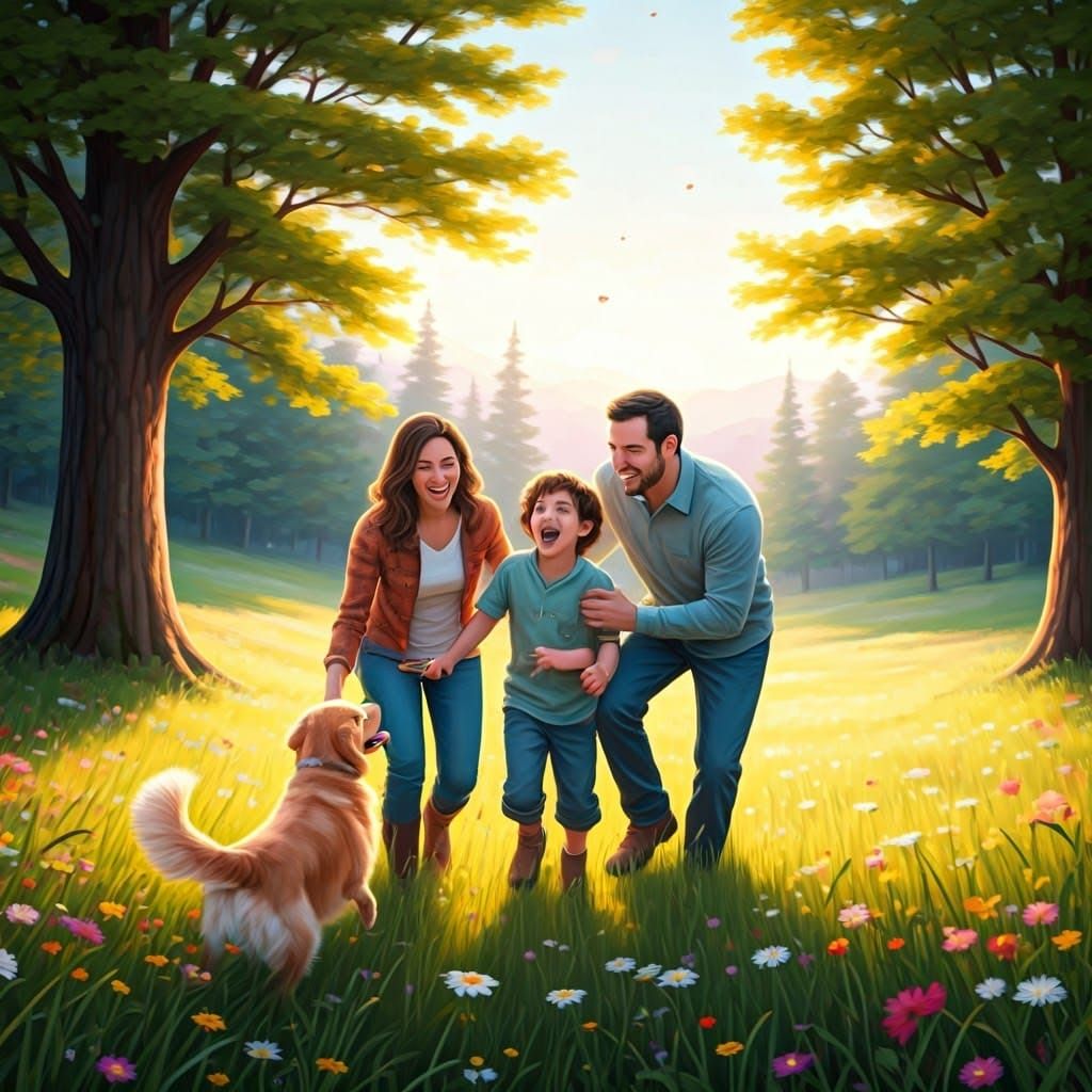Whimsical Family Scene with Golden Retriever in a Lush Green...