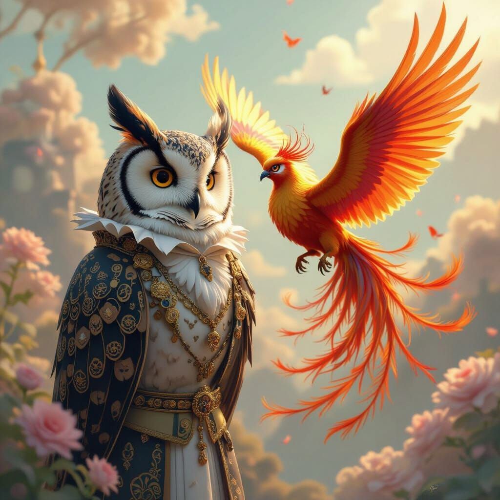Owl and Phoenix Soaring in Dreamlike Animated Style