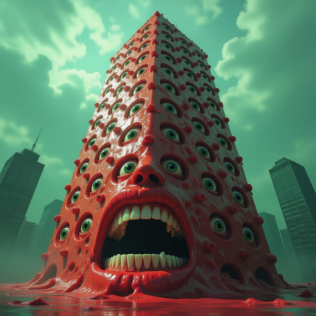 Hyperrealistic Meat Skyscraper with Human Eyes