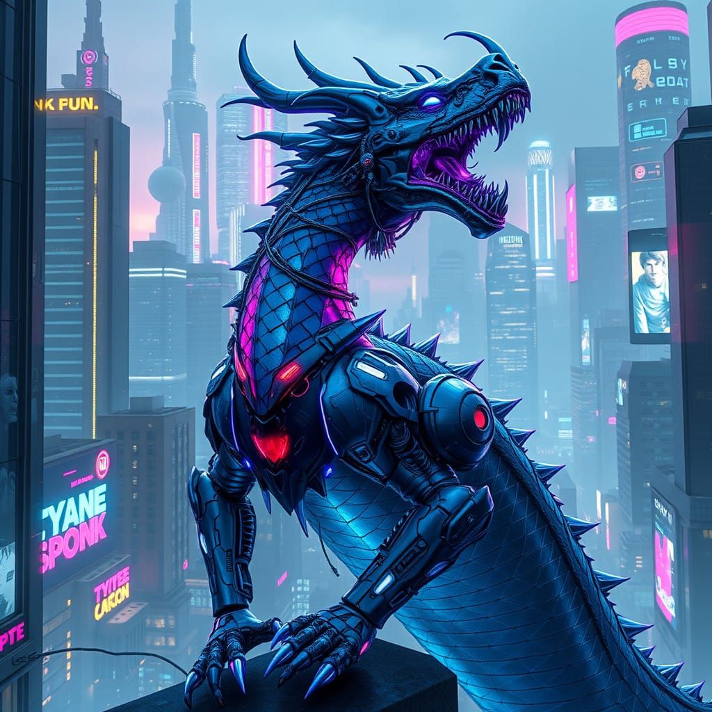 Cyberpunk Dragon in Metallic Armor Amidst Dystopian Cityscap...