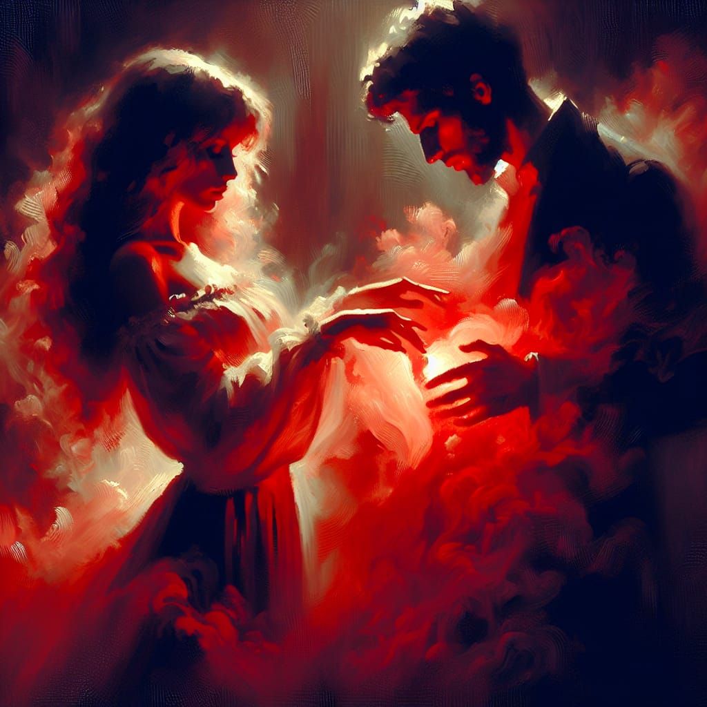 Dramatic Tenebrism Oil Painting of Interlocking Lovers' Hear...