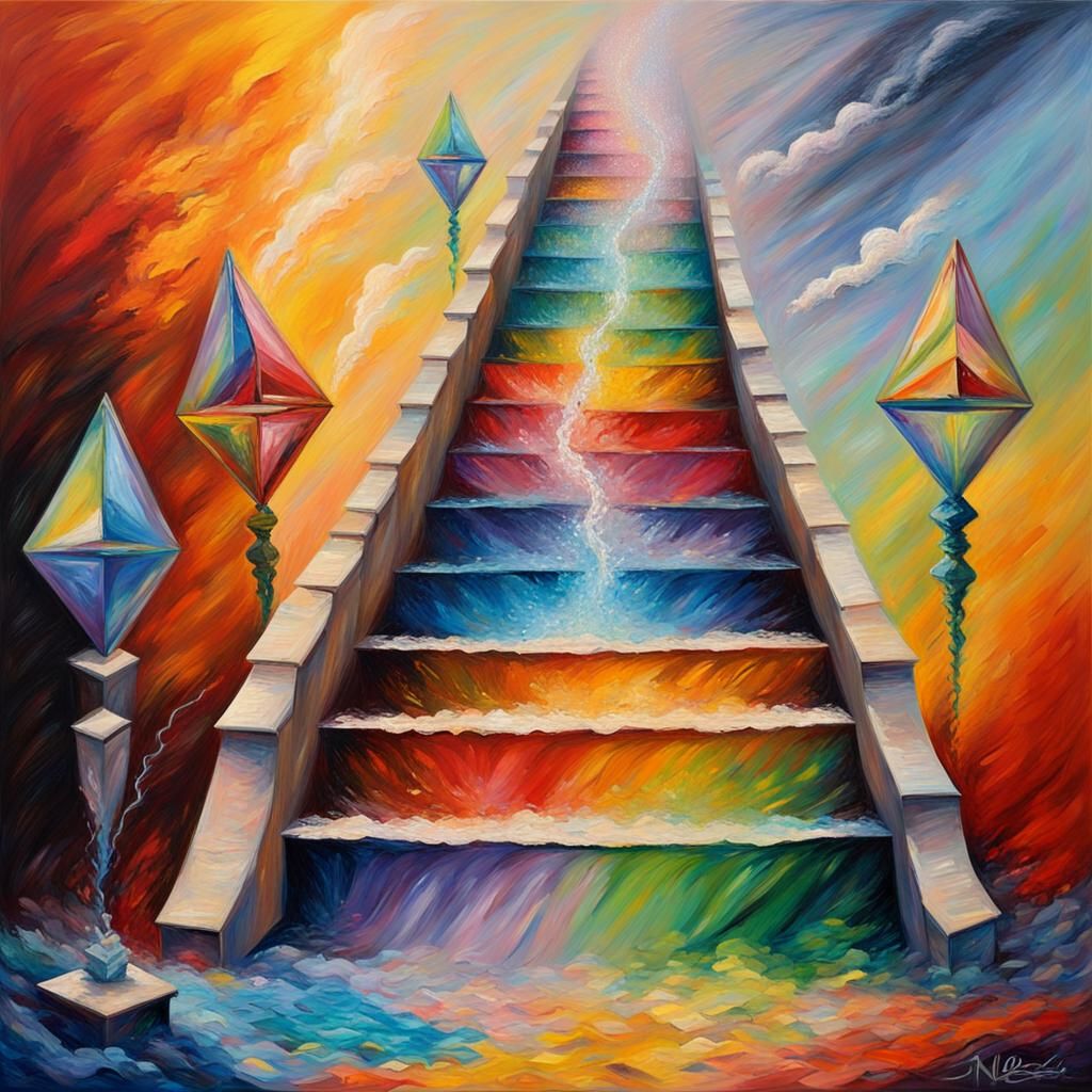 Surreal Hourglasses and Staircases in Expressionist Style