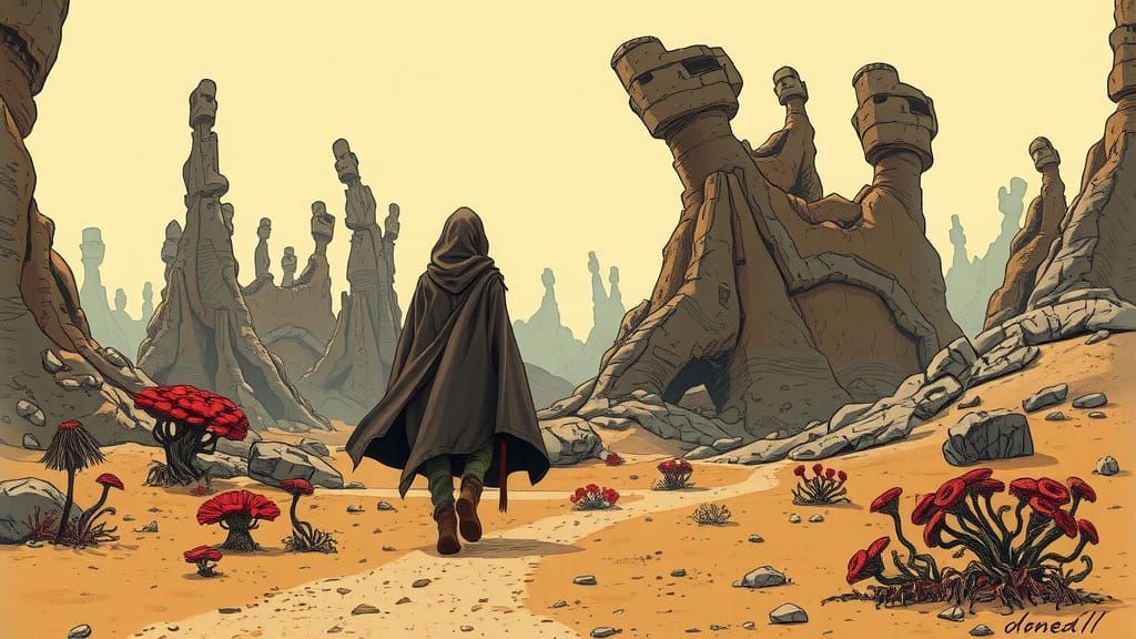 Wanderer in Barren Wasteland: Ink Illustration