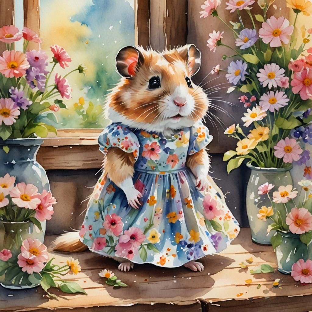 Whimsical Watercolor Hamster in a Floral Wonderland