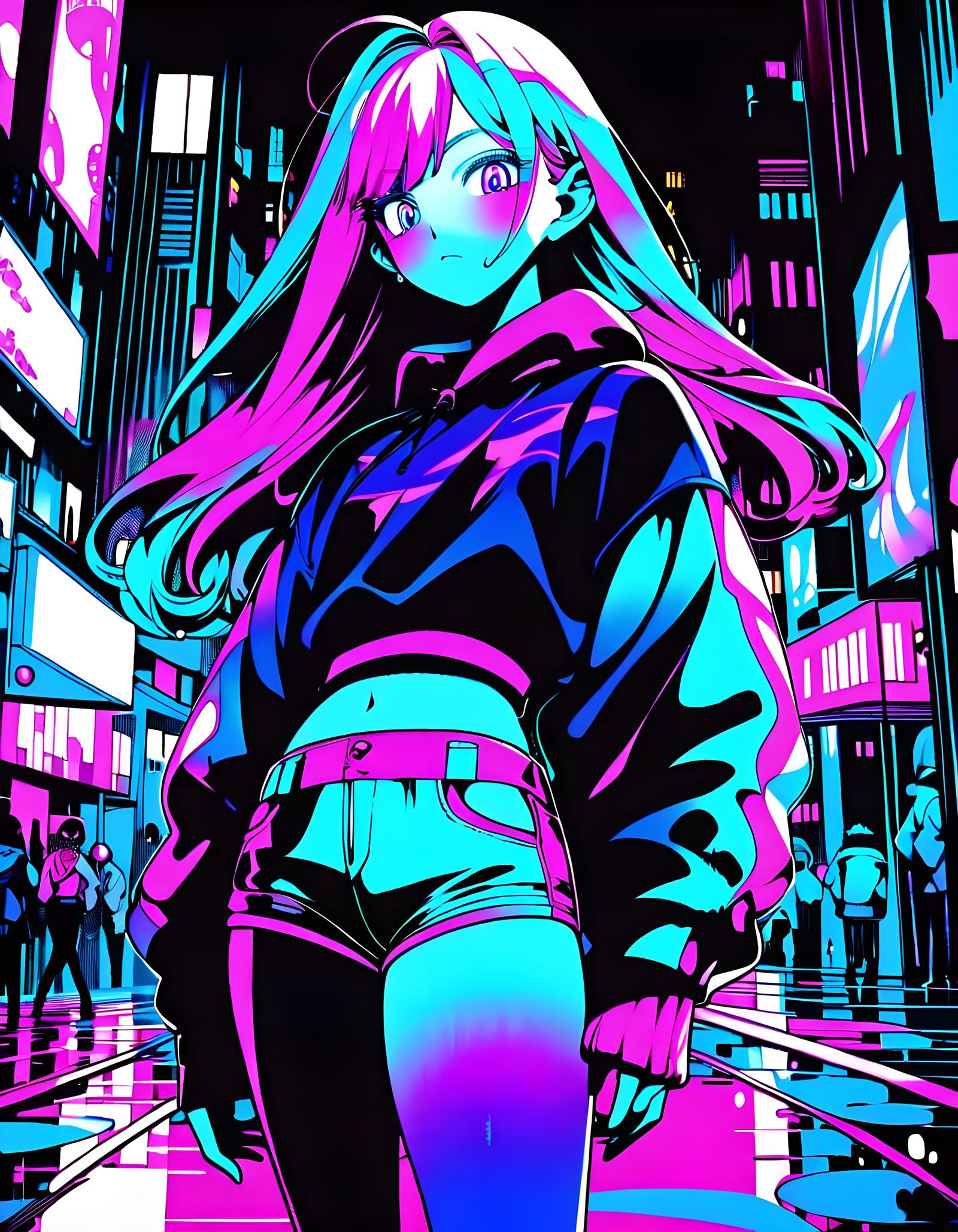 Vibrant Anime Girl in Neon Cityscape