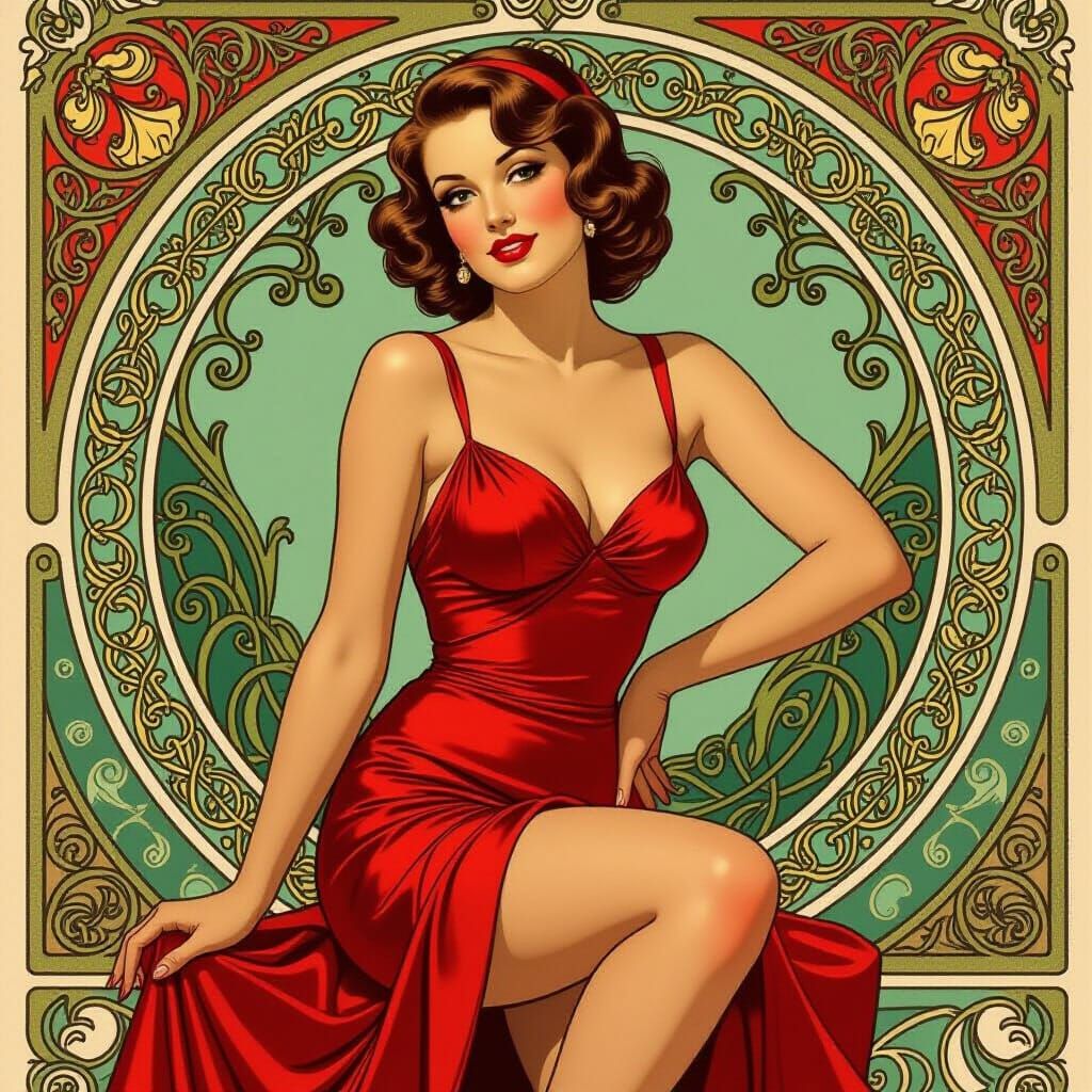 Elegant Woman in Red Dress, Vintage Pin-Up Style