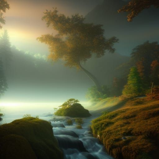 River, sztorm, rainbow, detailed matte painting, deep color, fantastical, intricate detail, splash screen, complementary...