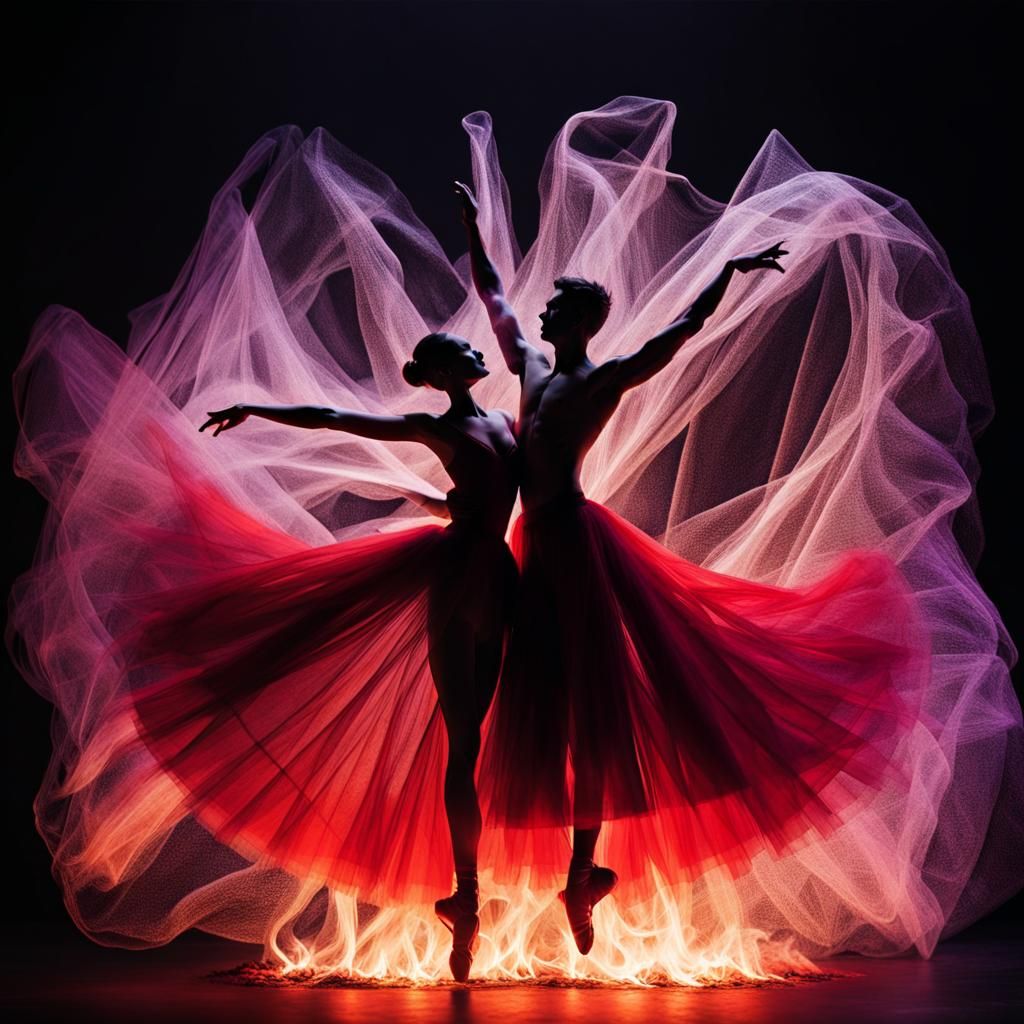 Ballet Couple in Bonfire: Tulle Art Sculpture