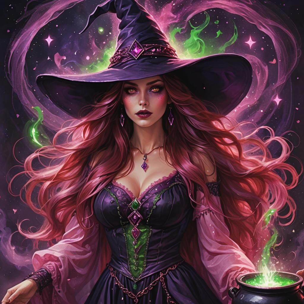 Red-Haired Woman over Cauldron, Maximalist Digital Art