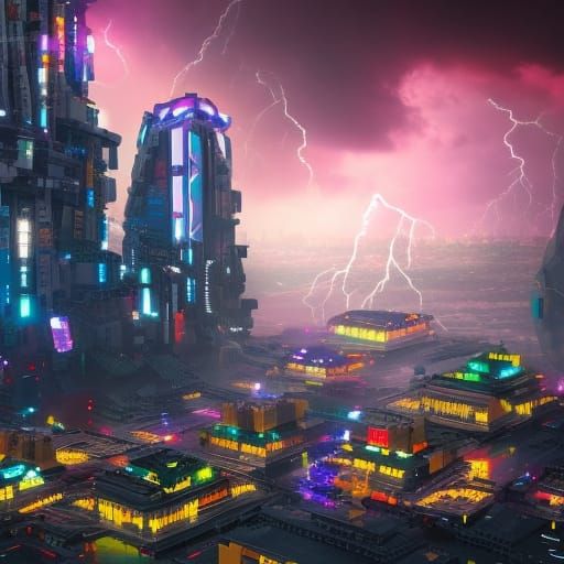 Cyberpunk Lego City Under Storm, Detailed Digital Art