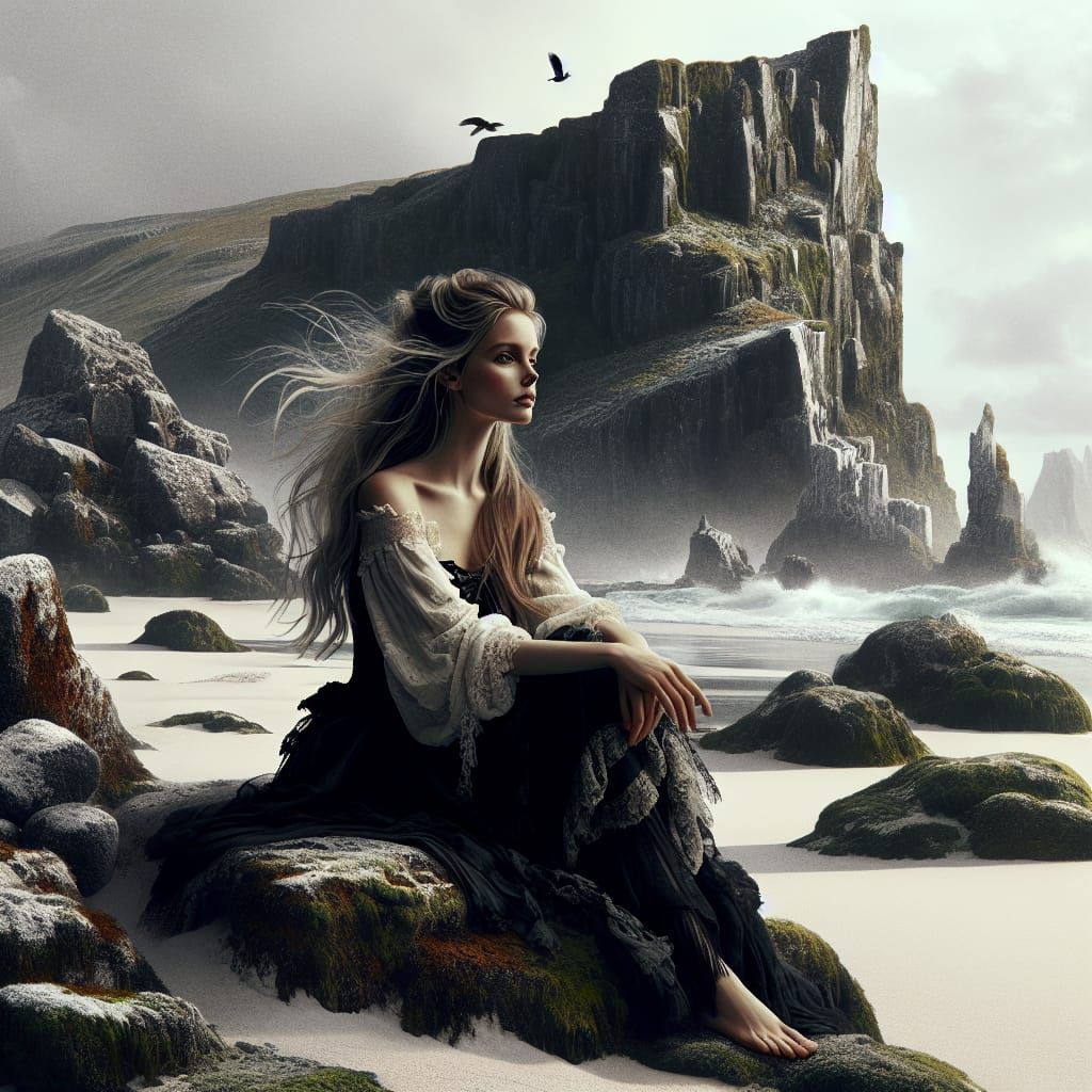 Norse Goddess on Rocky Beach in White, Gold, and Black
