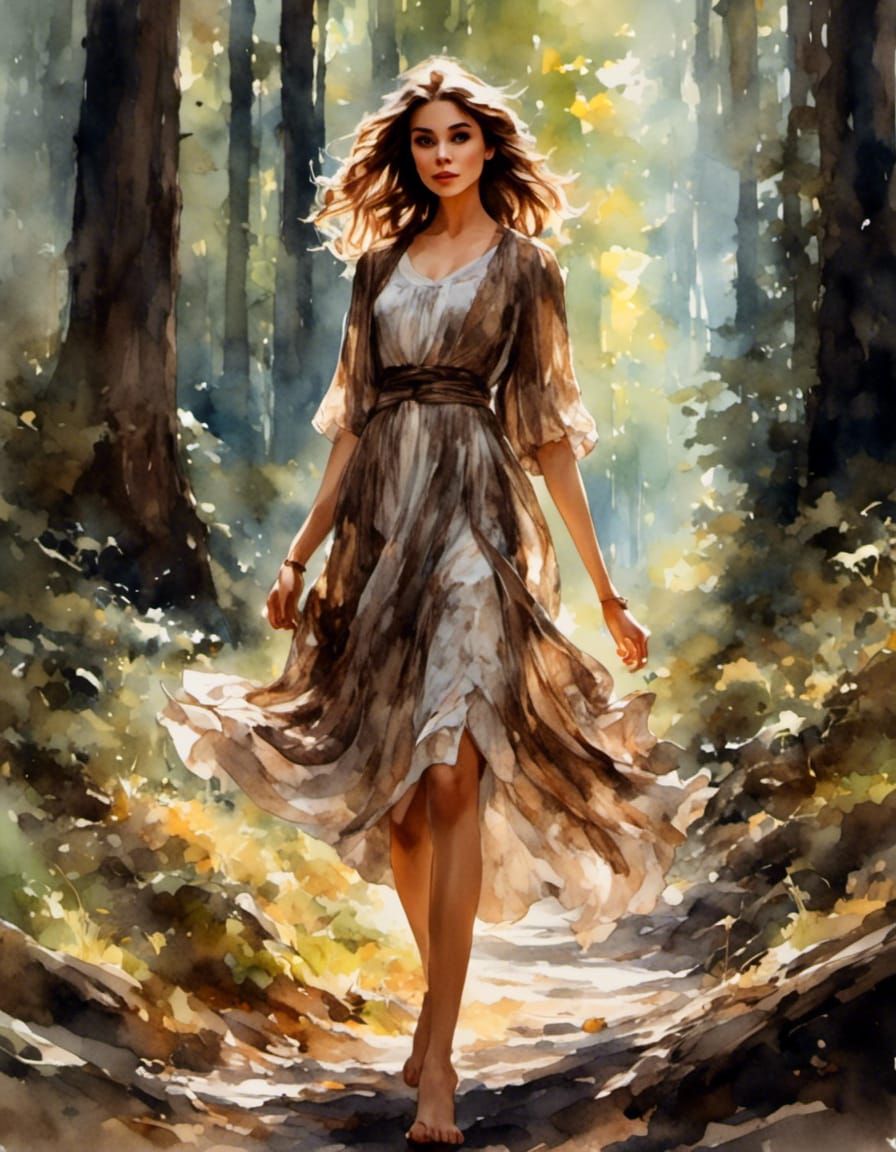 Barefoot Girl in Forest Watercolor Art Portrait