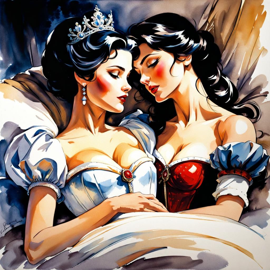 Cinderella and Snow White Embrace: Ink Painting