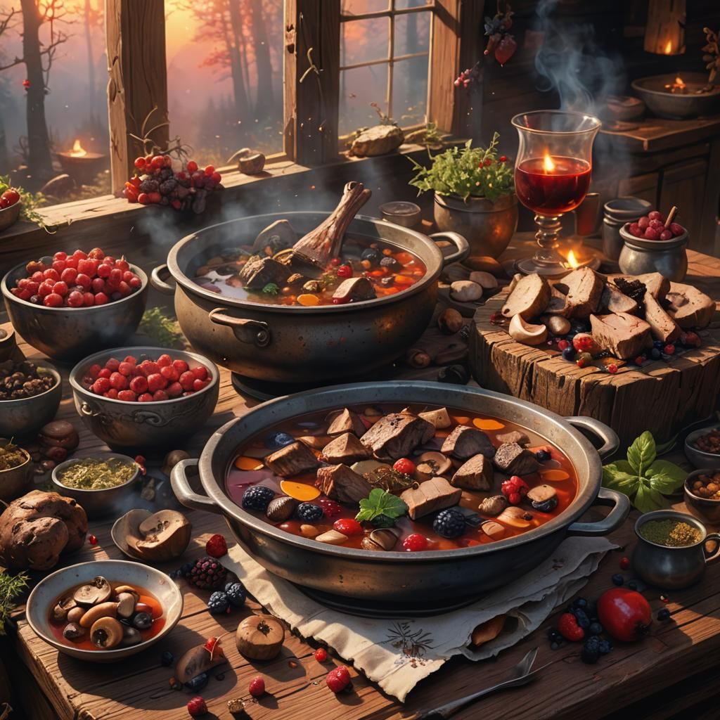 Boar and Berry Stew: Vibrant Fantasy Concept Art