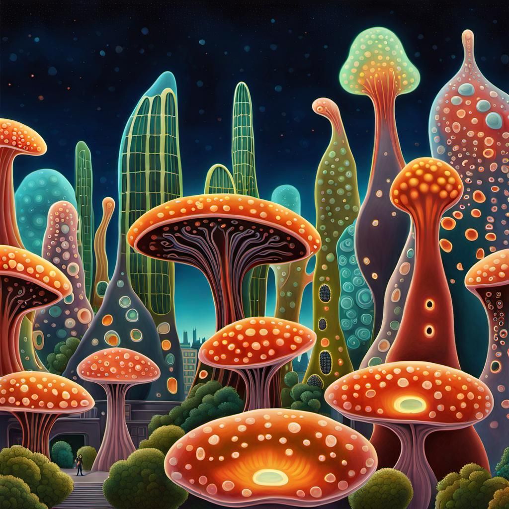 Futuristic Amoeba Cityscape in Henri Rousseau Style