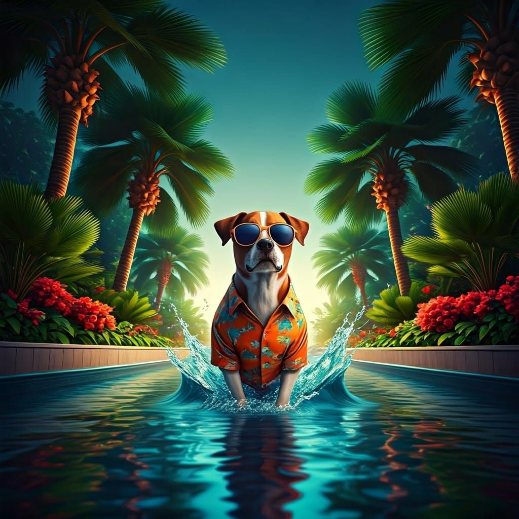 Dog in Sunglasses Enjoying Poolside: 3D Render