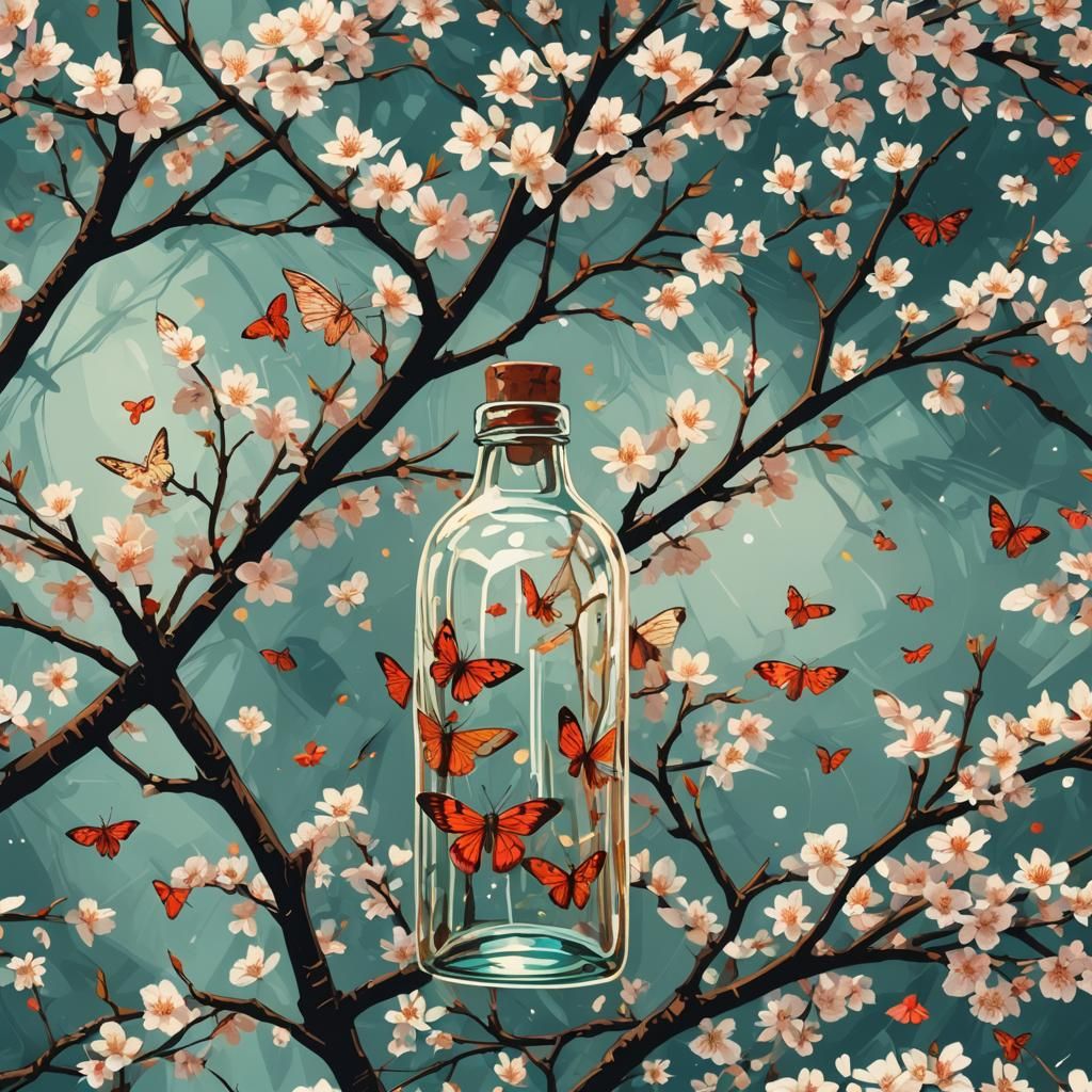 Moths in Bottle Under Cherry Tree: Abstract Art
