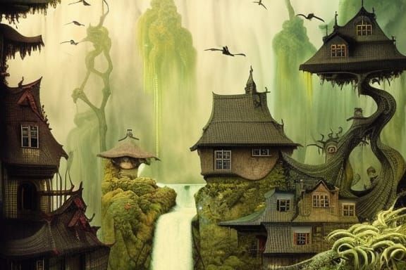 Surreal Farmhouse Waterfall Scene in Burtonesque Style